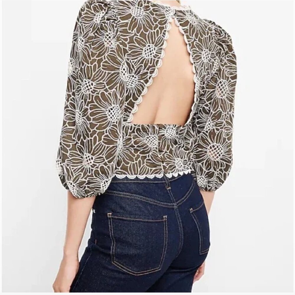 NWT {Express} Embroidered Eyelet Open Back Top | Olive Green/White ~ Size XS